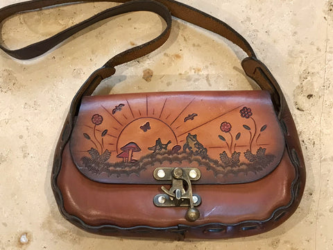 Vintage Frog and Flower Tooled Shoulder Bag